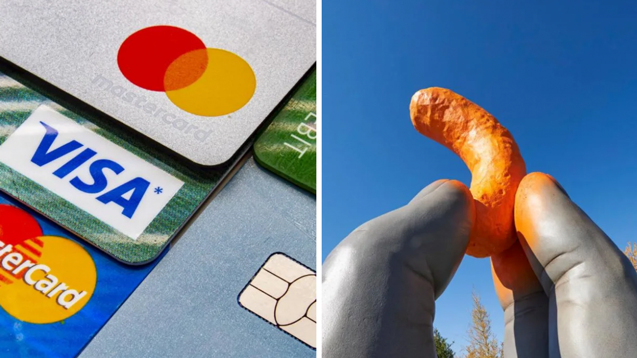 Several Canadian credit cards. Right: A giant hand holding a Cheeto in Cheadle, Alberta.