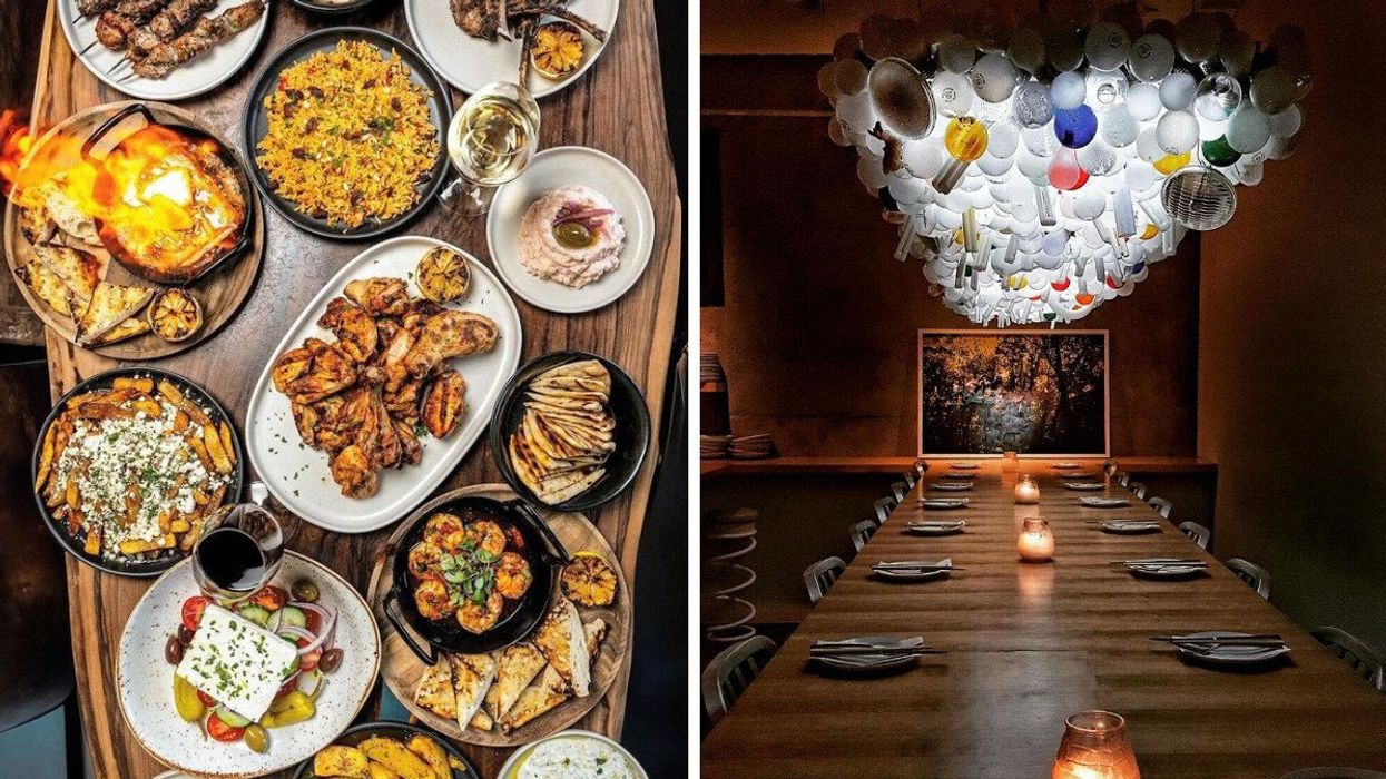 Several Greek sharing dishes on a table. Right: A long table with a cloud-like light fixture above it.
