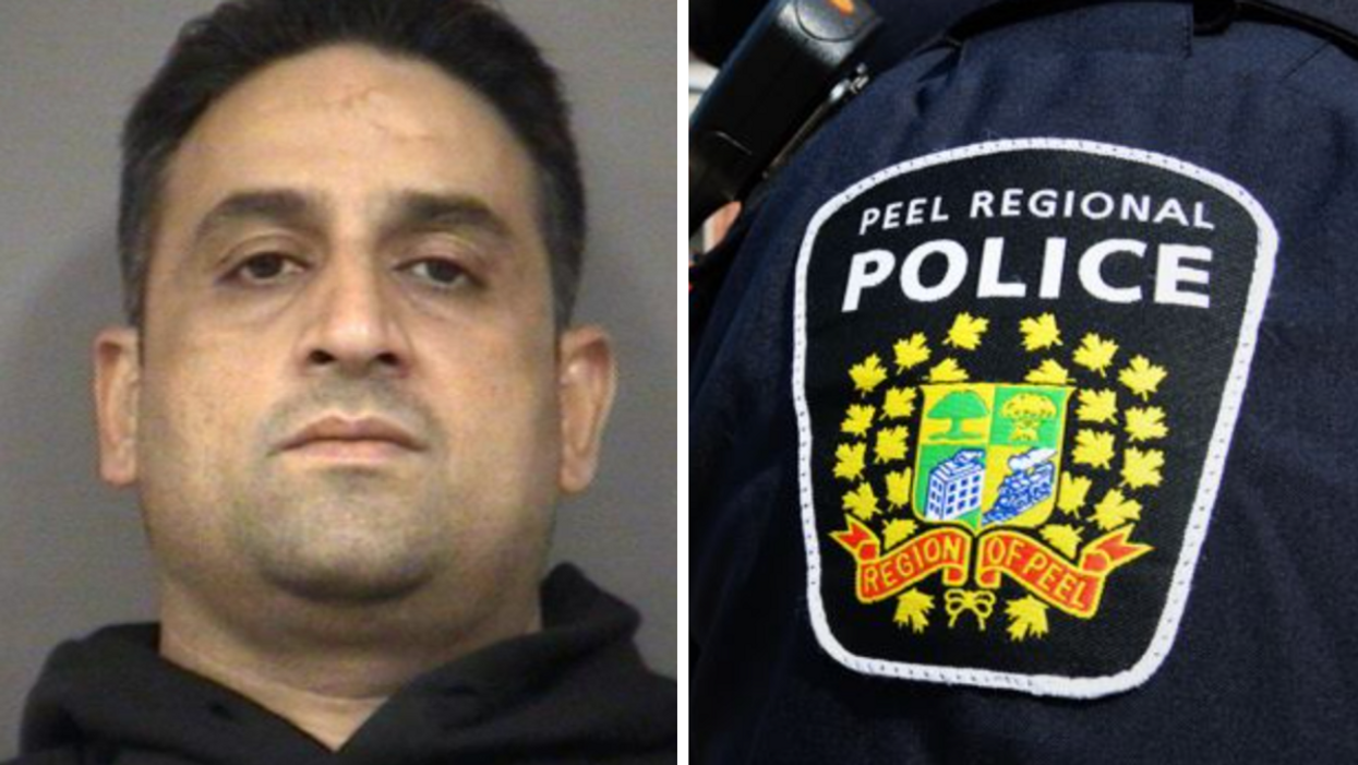 Shahid Malik. Right: Peel Regional Police badge.