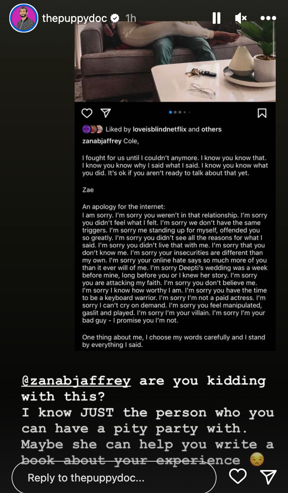 Shake Chatterjee in response to Zanab Jaffrey's Instagram post.