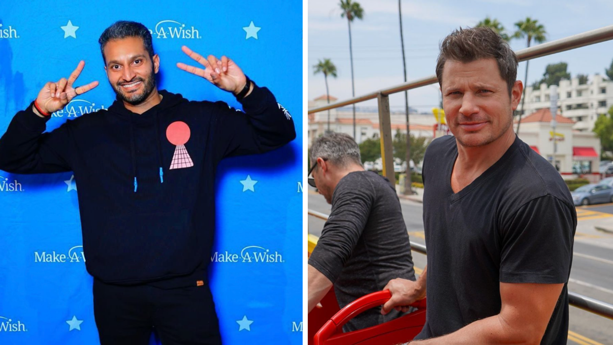 Shake in front of a Make-A-Wish background. Right: Nick Lachey.