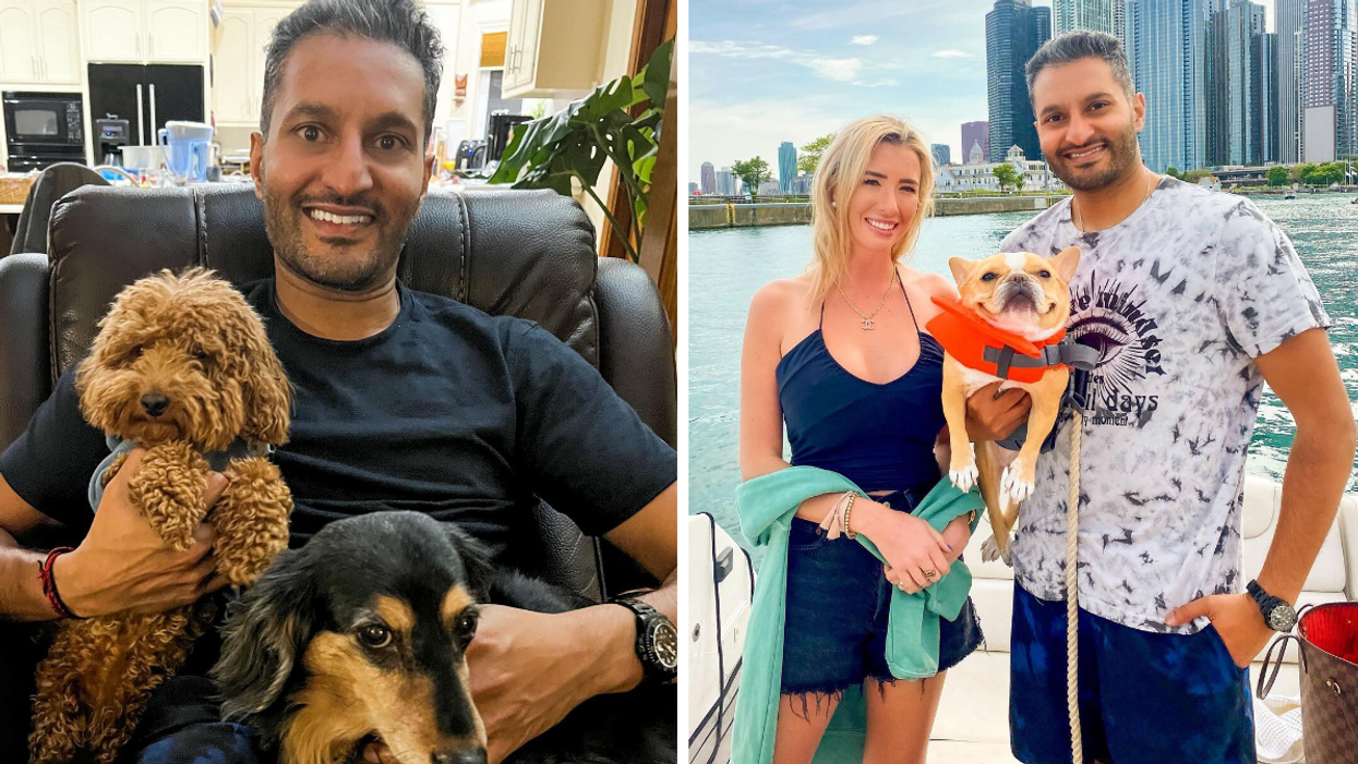 Shake on a couch holding two dogs. Right: Shake and his girlfriend on a boat.