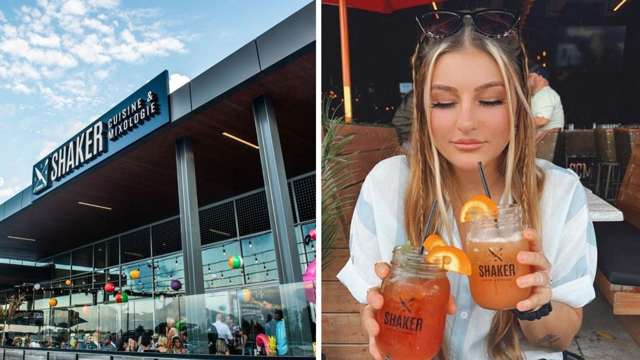Shaker cuisine & mixologie. Droite : Une personne tient deux cocktails dans ses mains.