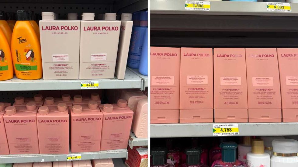 Shampoings et revitalisants Laura Polko Los Angeles en bouteilles de 400 ml, vendus 4,75 $ chacun chez Dollarama.