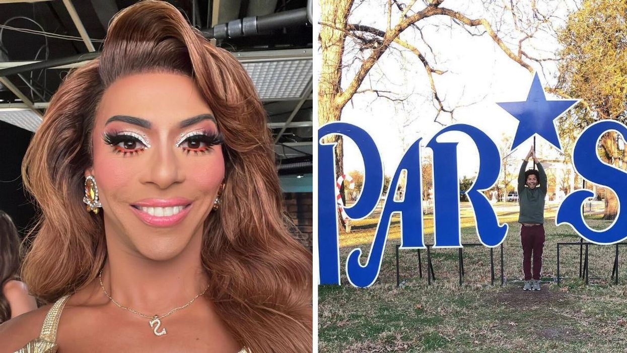 Shangela taking a selfie showing her makeup. Right: The performer posing on a Paris, TX sign.