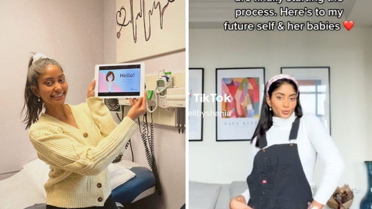Shania Bhopa at the fertility clinic. Right: The TikToker in a viral video about freezing her eggs.