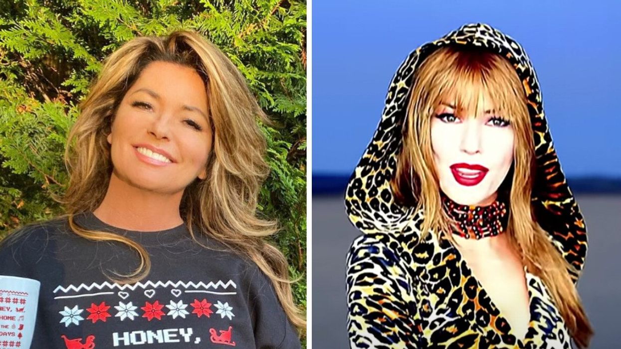 Shania Twain. Right: Shania Twain in the "That Don't Impress Me Much" music video.