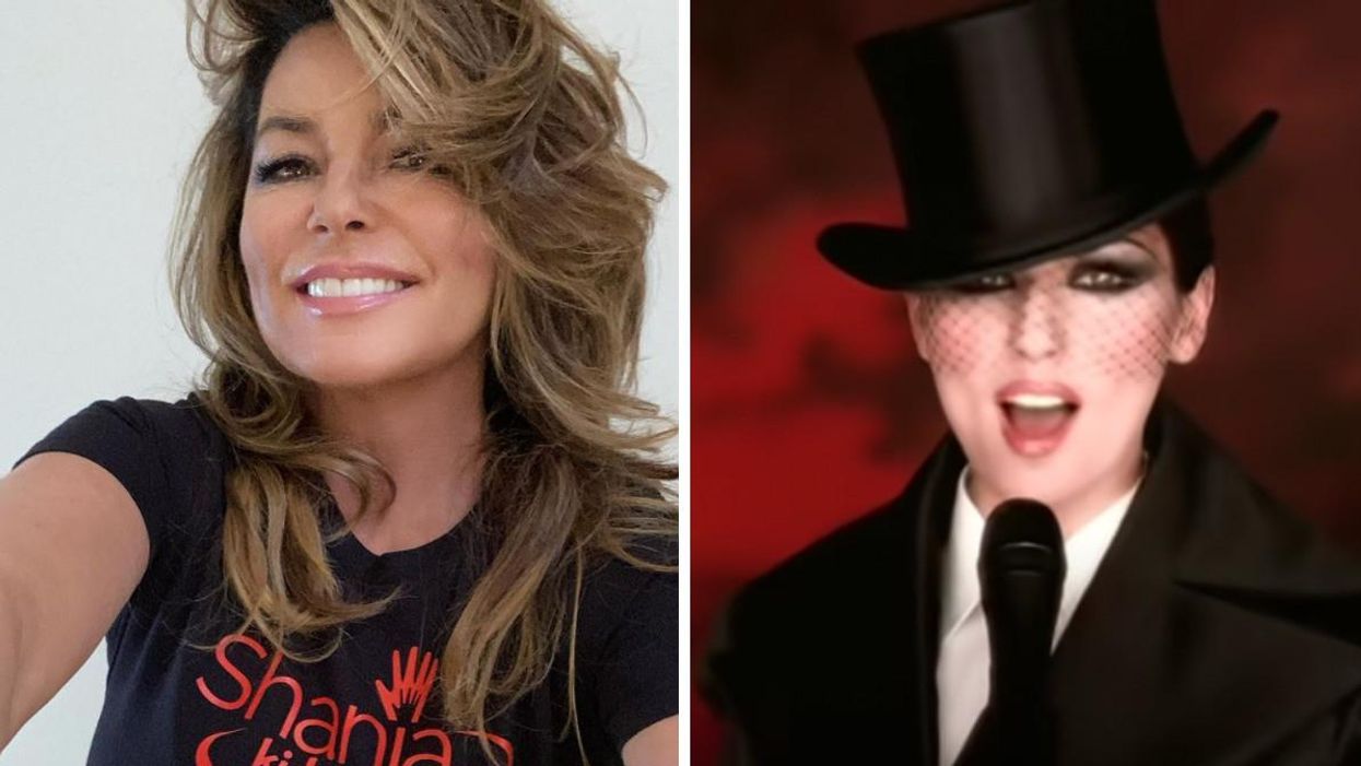 Shania Twain selfie. Right: Shania Twain in "Man! I Feel Like A Woman."