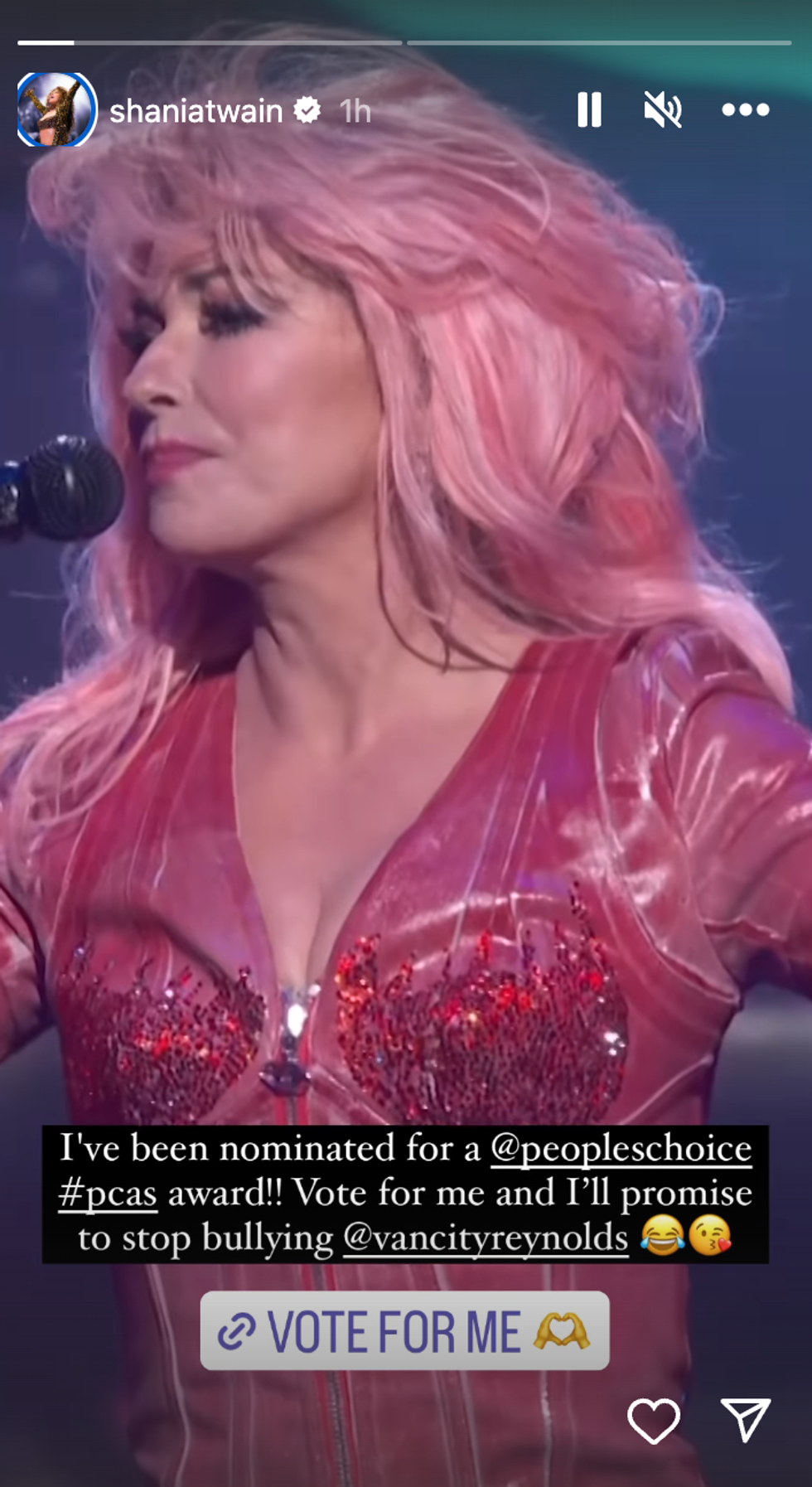 Shania Twain sharing a message with her fans on her Instagram stories, asking for votes for a People's Choice Award.