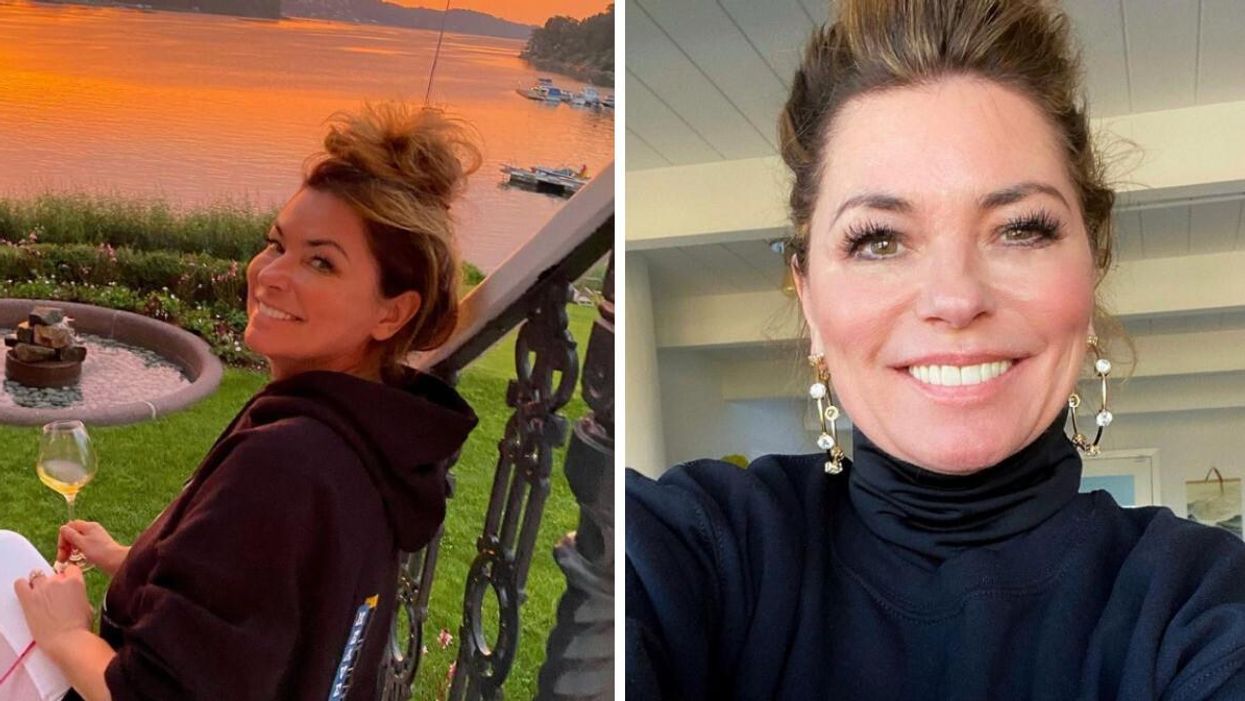 Shania Twain sitting outside. Right: Shania Twain taking a selfie.