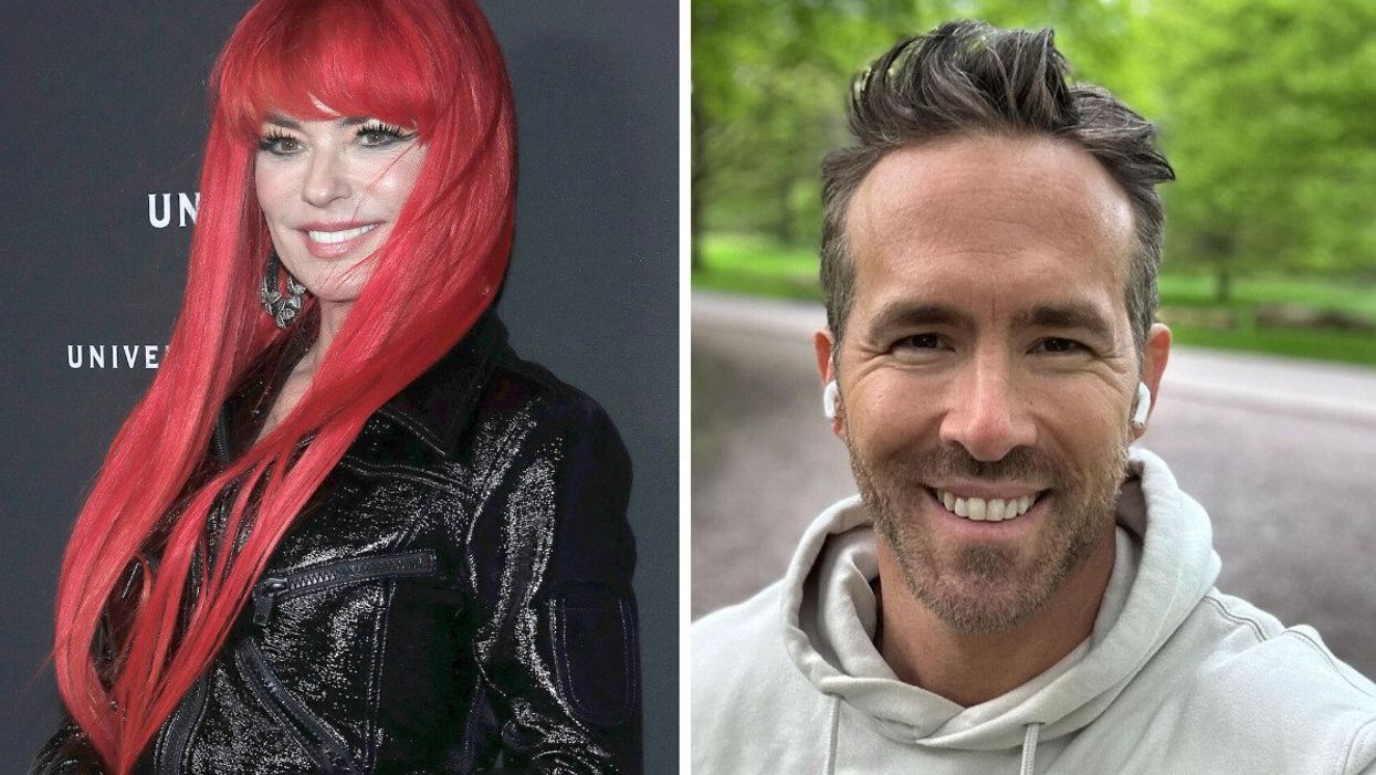 Shania Twain with a red wig on and black jacket. Right: Ryan Reynolds smiling for a selfie.