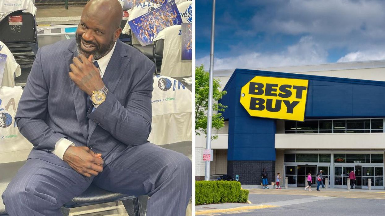 Shaquille O'Neal at a Dallas Mavericks game. Right: The exterior of a Best Buy store.