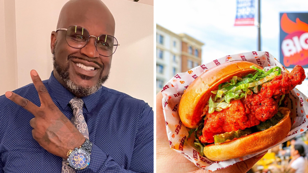 Shaquille O'Neal with a peace sign hand gesture and glasses on. Right: A chicken sandwich from Shaq's food chain, Big Chicken.