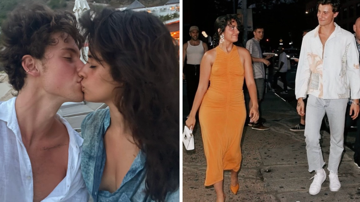 Shawn Mendes and Camila Cabello kissing. Right: Shawn Mendes and Camila Cabello walking.