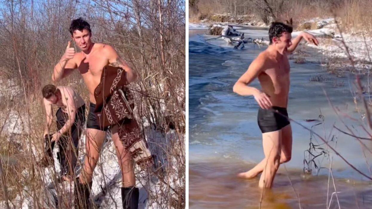 Shawn Mendes giving a thumbs up. Right: Shawn Mendes in icy water.