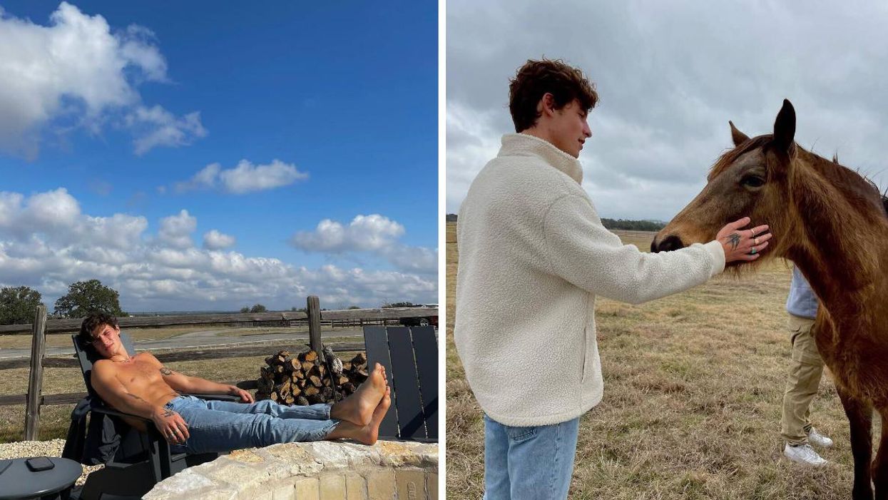 Shawn Mendes lounges on a ranch. Right: Shawn Mendes petting a horse.