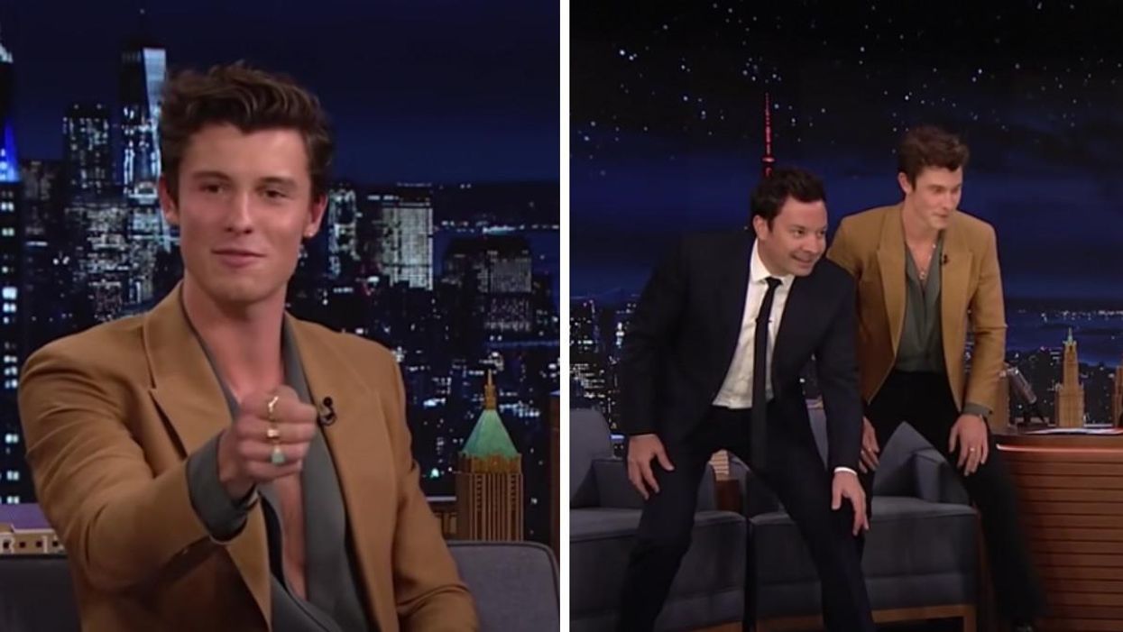 Shawn Mendes showing his magic trick. Right: Shawn Mendes and Jimmy Fallon about to race.