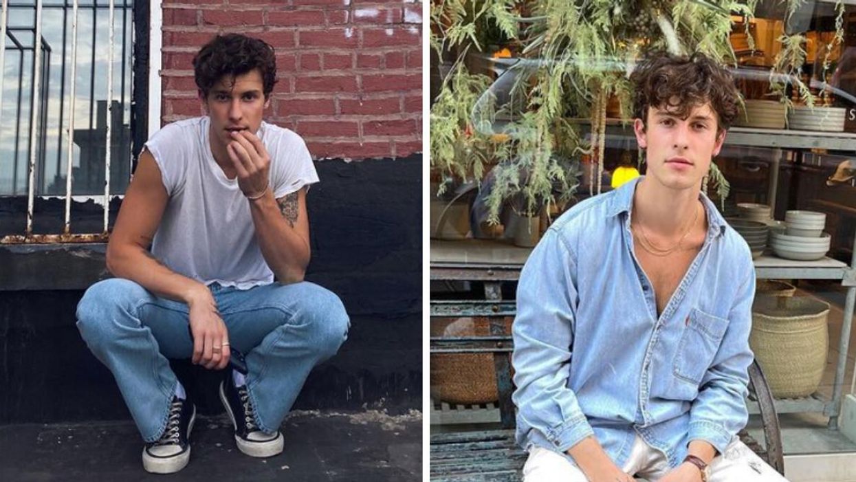Shawn Mendes strikes a pose. Right: Shawn Mendes sits on a bench.
