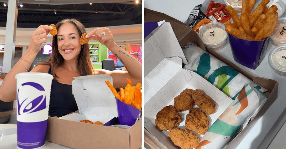 Shay holding up two nuggets. Right: Taco Bell Canada items arranged on a table.