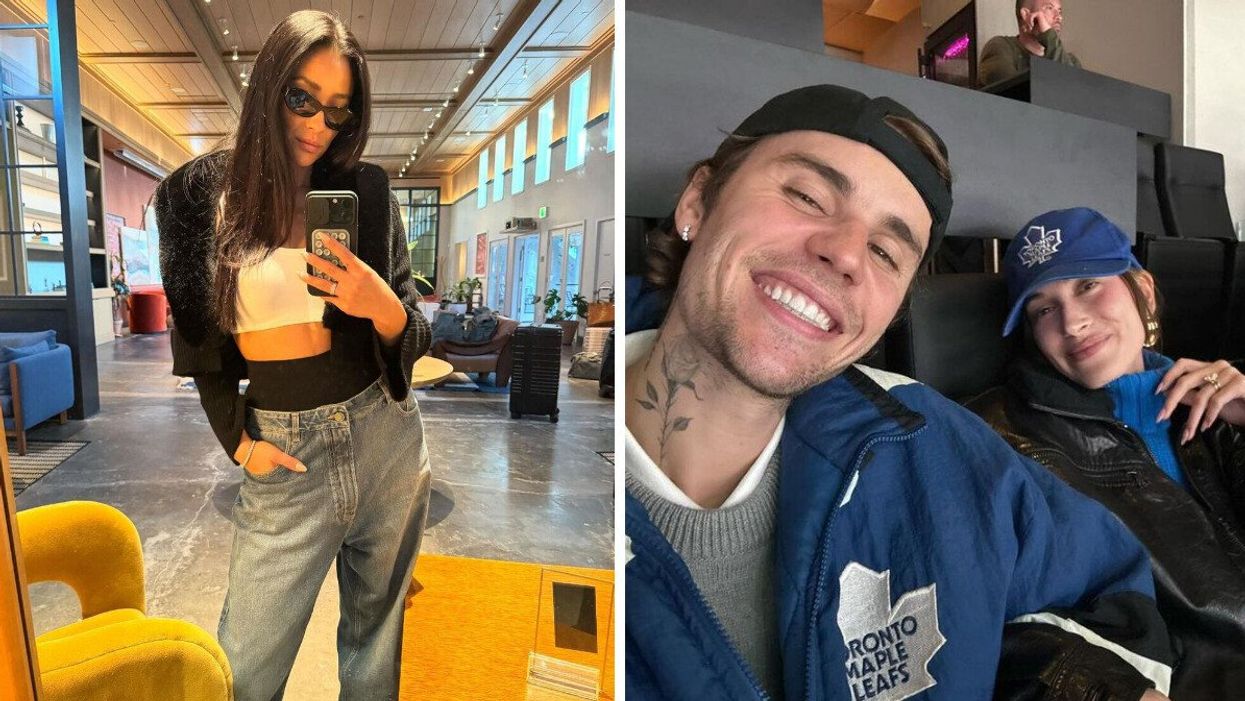 Shay Mitchell taking a selfie in a mirror. Right: Justin and Hailey Bieber at a Toronto Maple Leafs game.