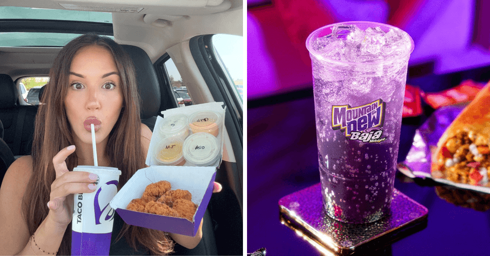 Shay sips from a Taco Bell Canada soda cup. Right: Deep purple coloured soda in a clear cup that says Mountain Dew Baja Blast Midnight.