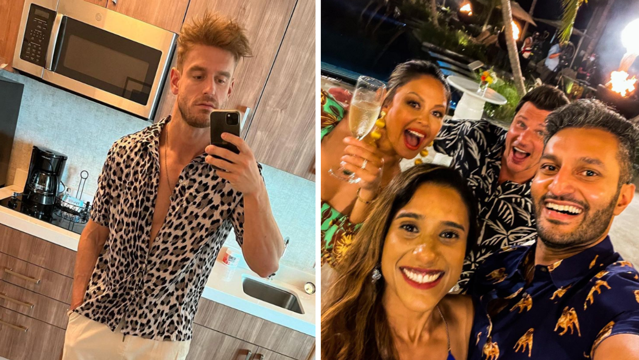 Shayne Jansen from 'Love Is Blind.' Right: Deepti Vempati, Abhishek 'Shake' Chatterjee and Nick and Vanessa Lachey from 'Love Is Blind.'