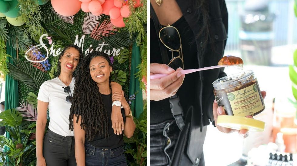 Shea Summer Salon client pose with their new styles. Right: A stylist using SheaMoisture Stong Hold Styling Gel.