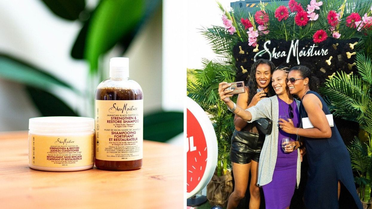 SheaMoisture products. Right: Three people take a selfie at a SheaMoisture pop-up.