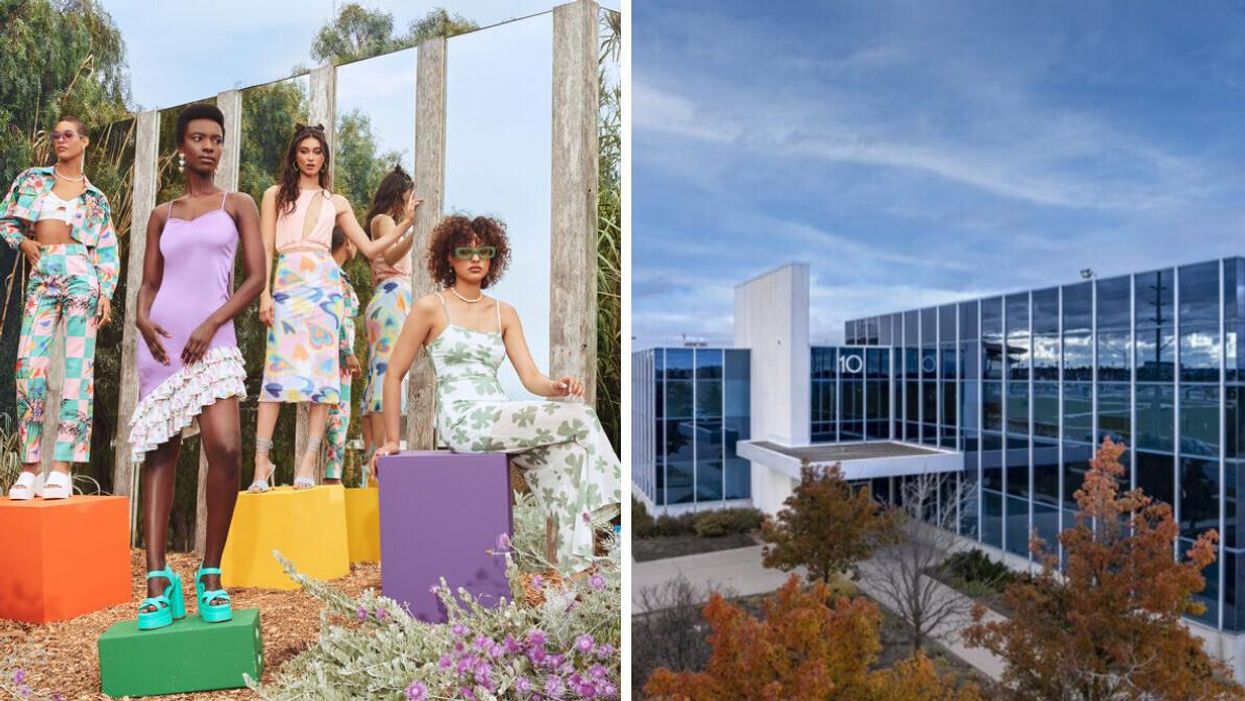 SHEIN clothing on models. Right: SHEIN warehouse and office in the GTA.