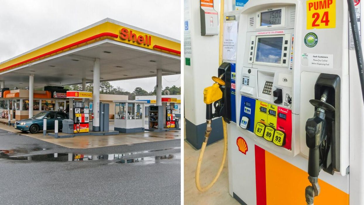 Shell gas station. Right: A gas pump.