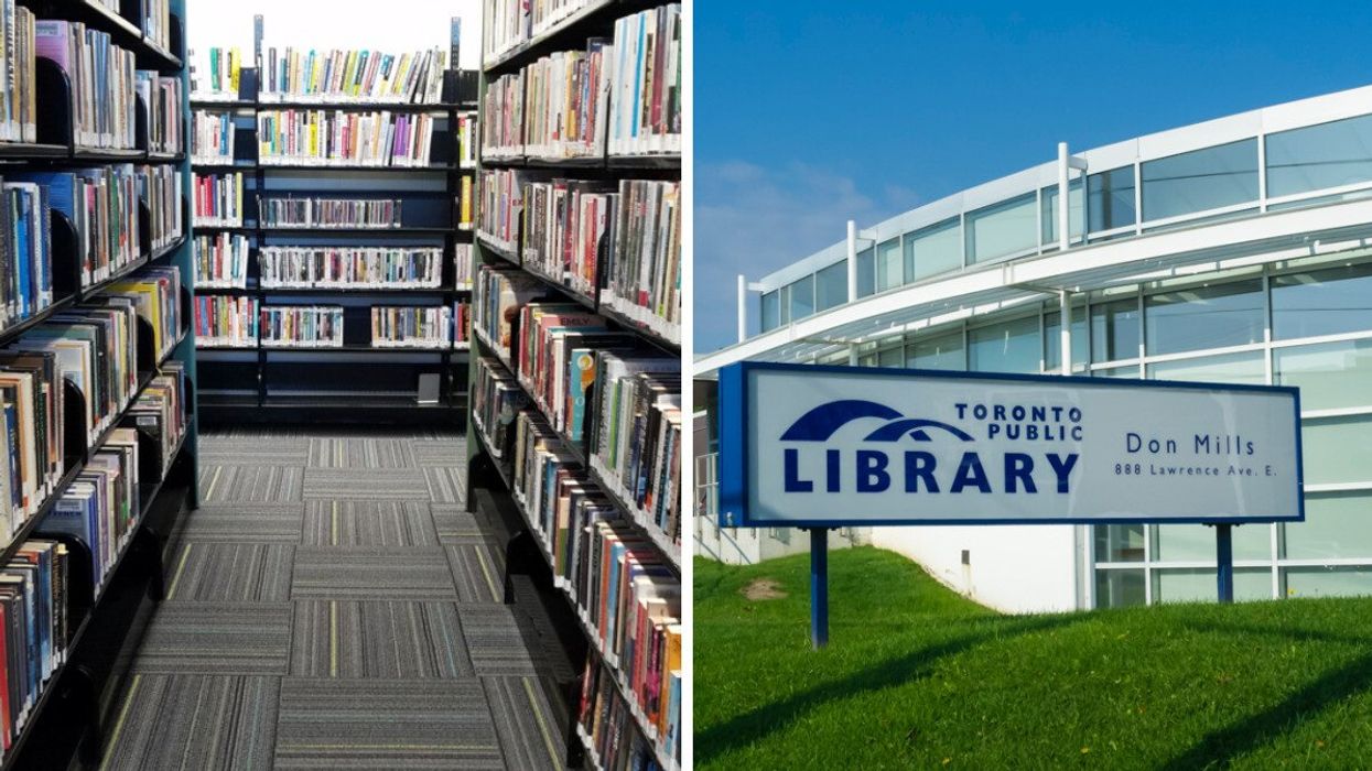 Shelves filled with books at a library. Right: A sign that says Toronto Public Library Don Mills in front of a building.