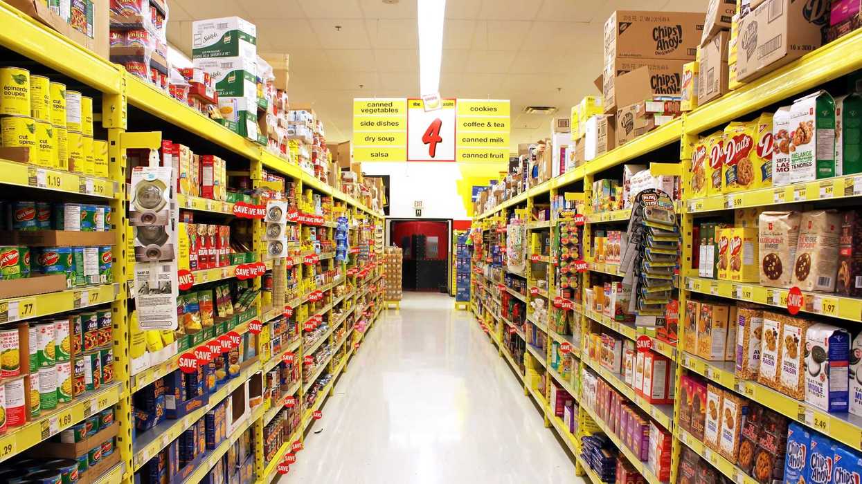 shelves in aisle of no frills grocery store in canada