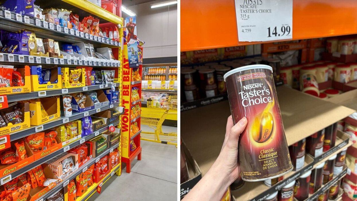 shelves in an aisle at a no frills store in canada. right: person holding a canister of nescafe instant coffee at costco