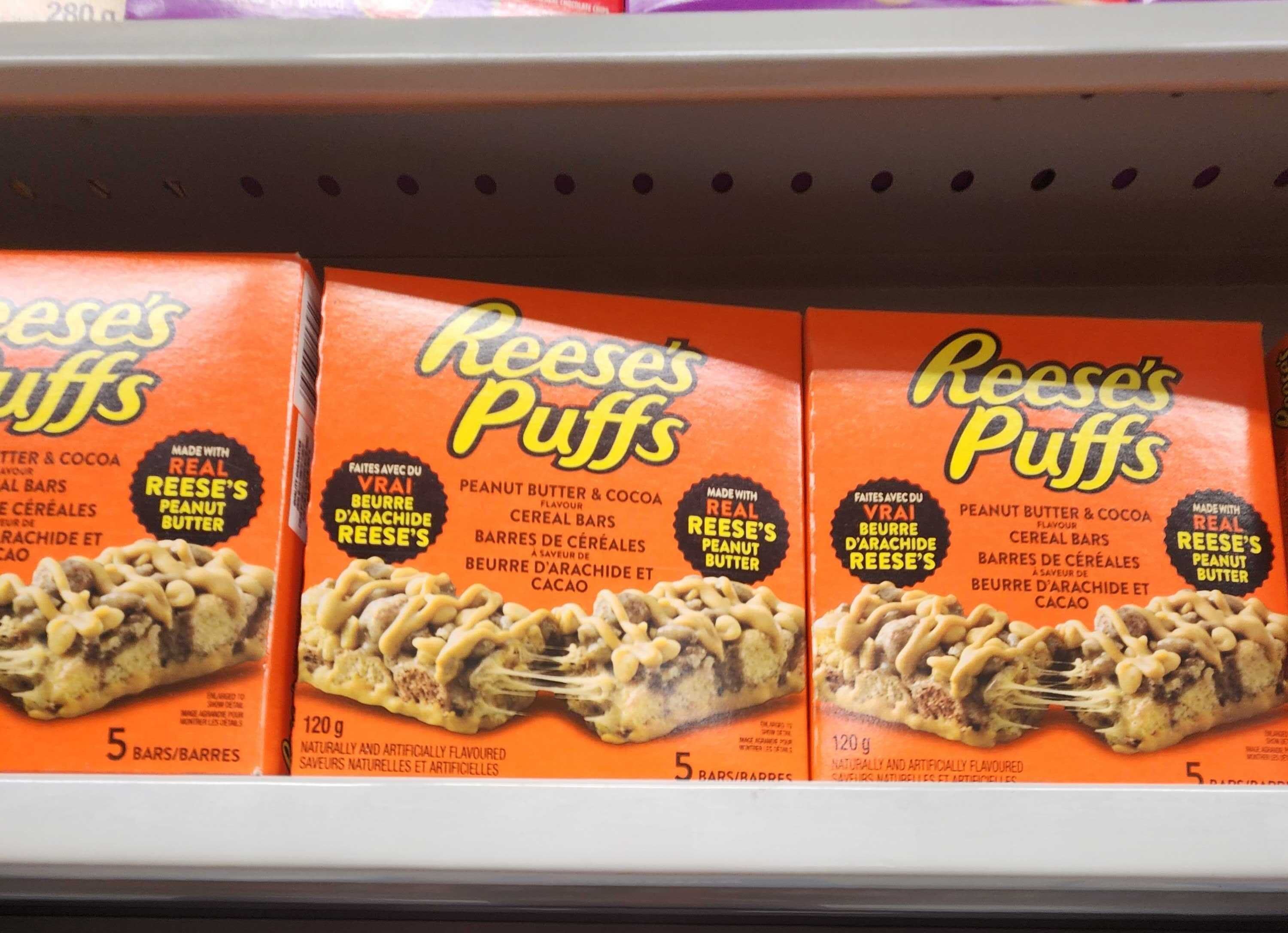 Shelves of Reese's Puffs.