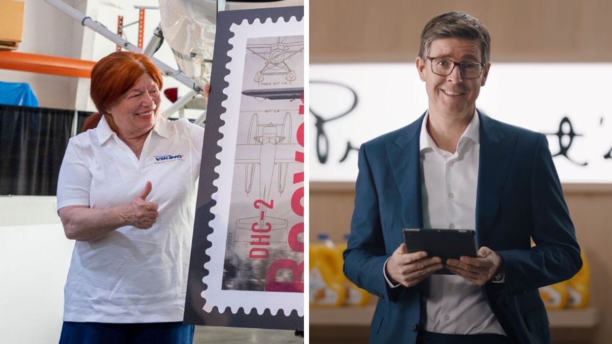 Sherry Brydson at a stamp unveiling. Right: Galen Weston Jr. in a President's Choice ad.