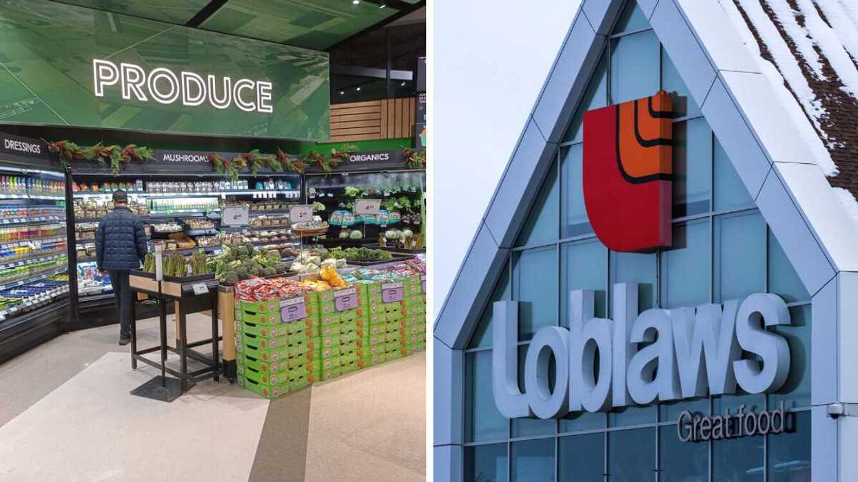 shopper in produce section at sobeys store. right: exterior of loblaws store with sign and logo