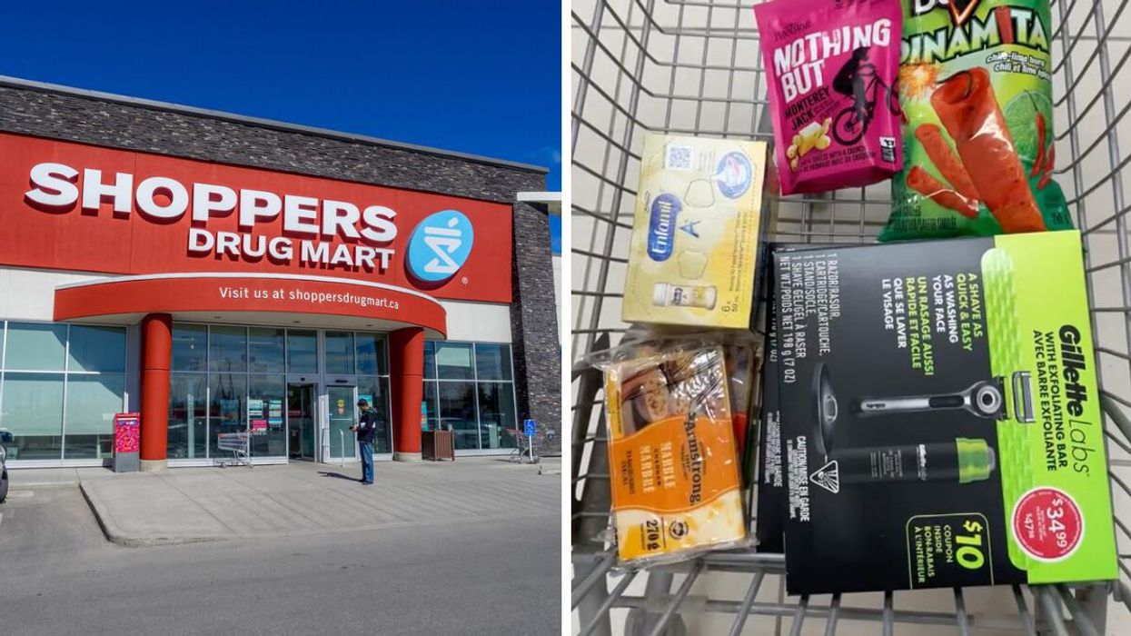 Shoppers Drug Mart. Right: Items in a grocery cart.