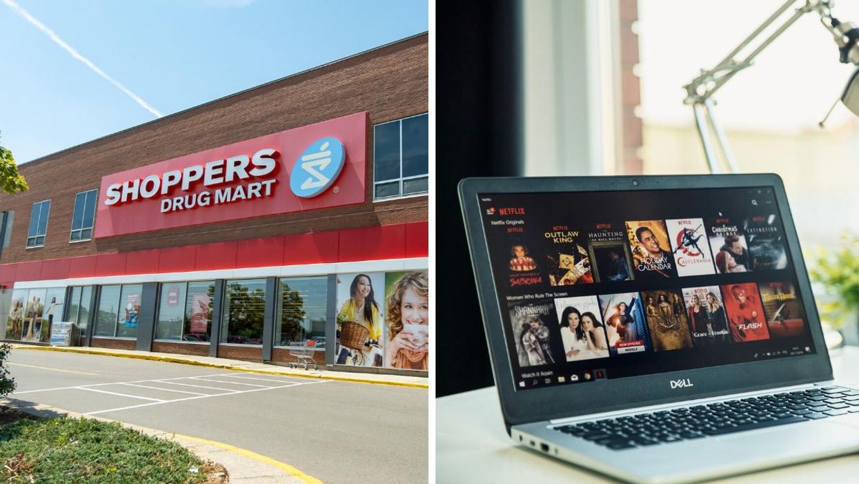 Shoppers Drug Mart store. Right: Netflix on a laptop.