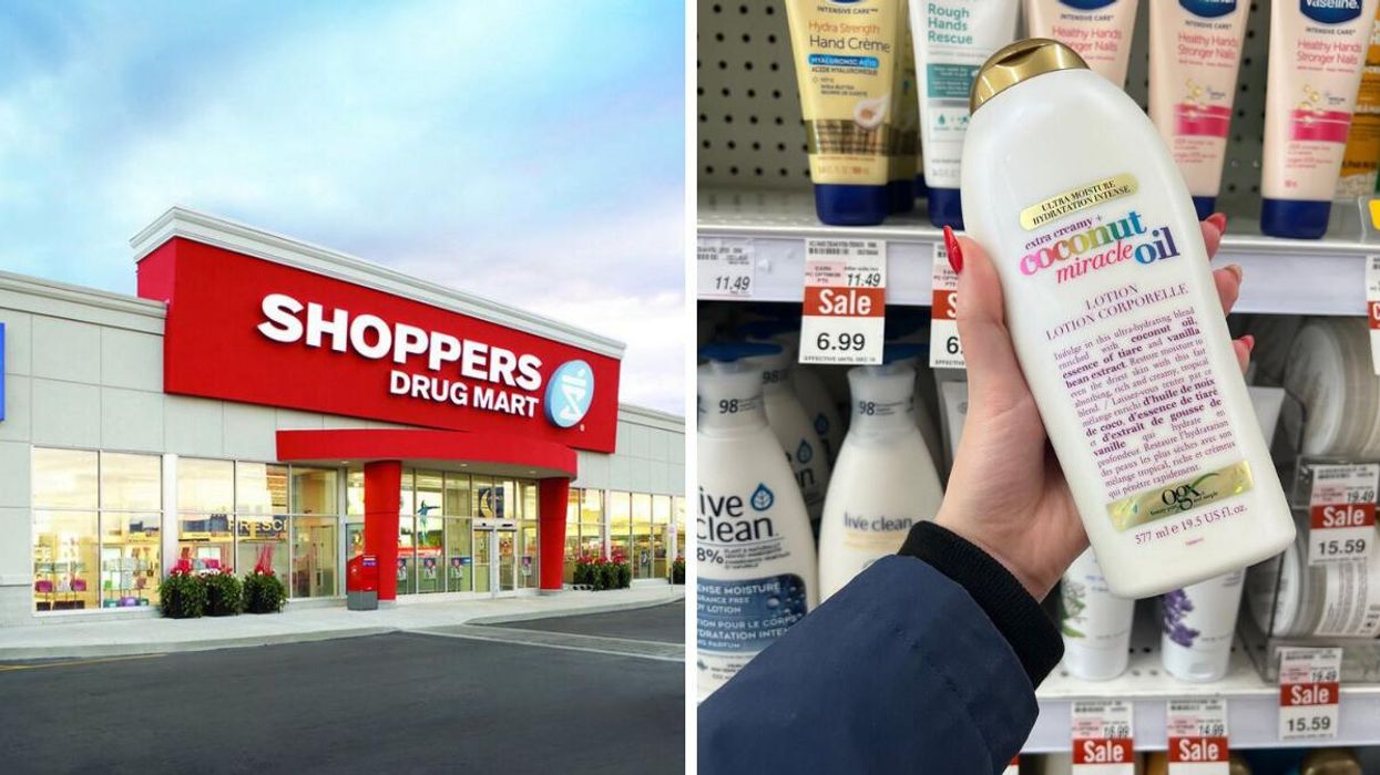 Shoppers Drug Mart storefront. Right: Hand holding coconut oil lotion.