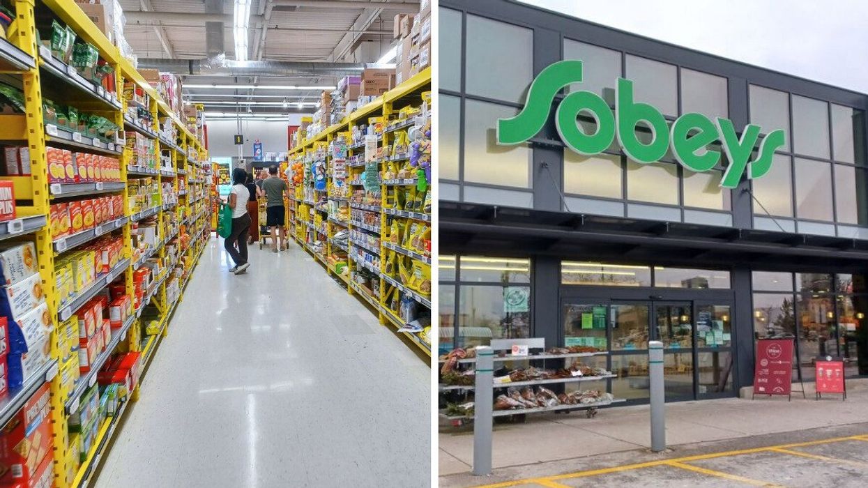 shoppers in an aisle at a no frills grocery store. right: exterior of a sobeys grocery store in canada