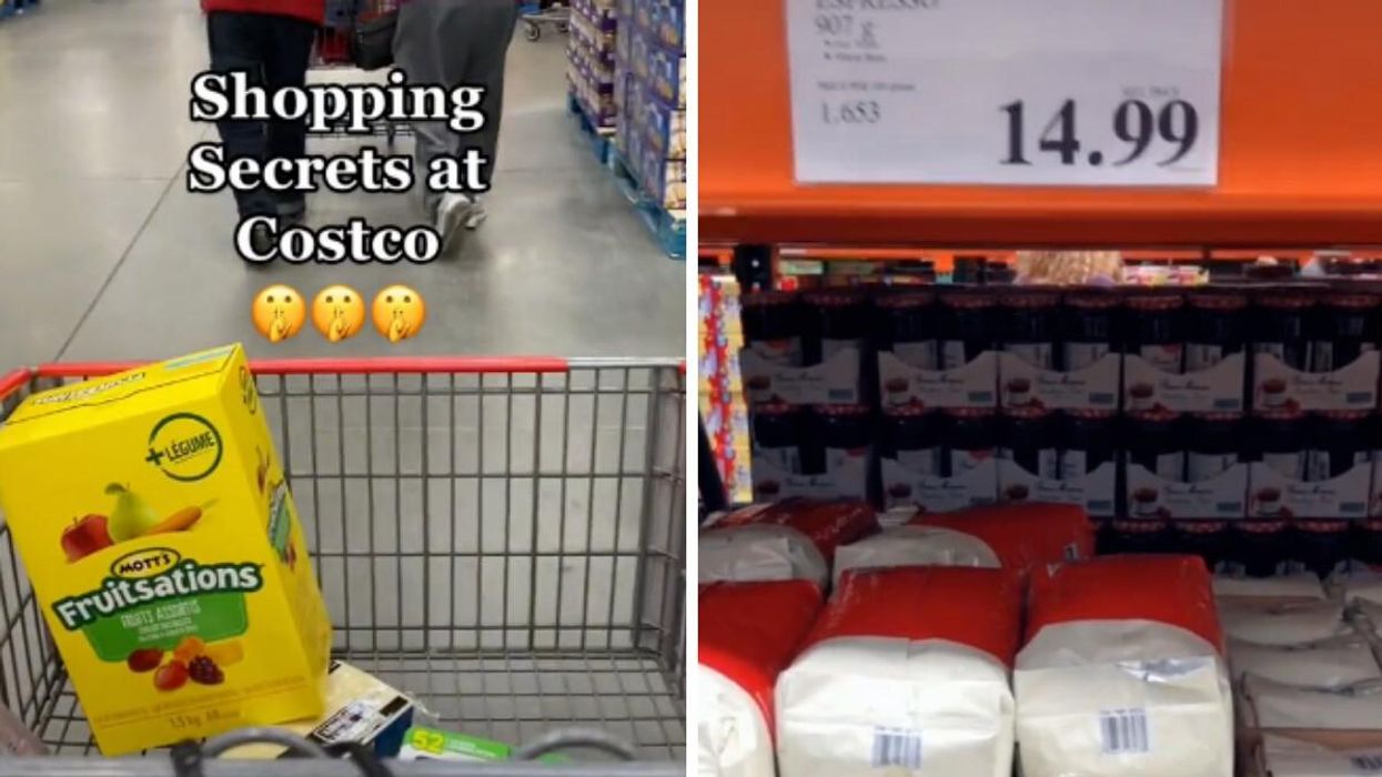 Shopping cart at Costco. Right: Costco price tag for a Kirkland Signature item.