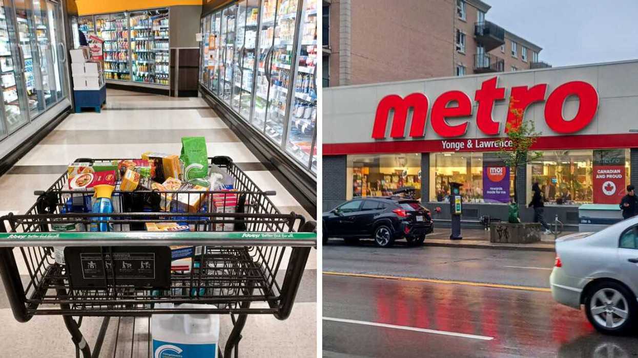 shopping cart in freezer section at sobeys store. right: exterior of metro grocery store in ontario