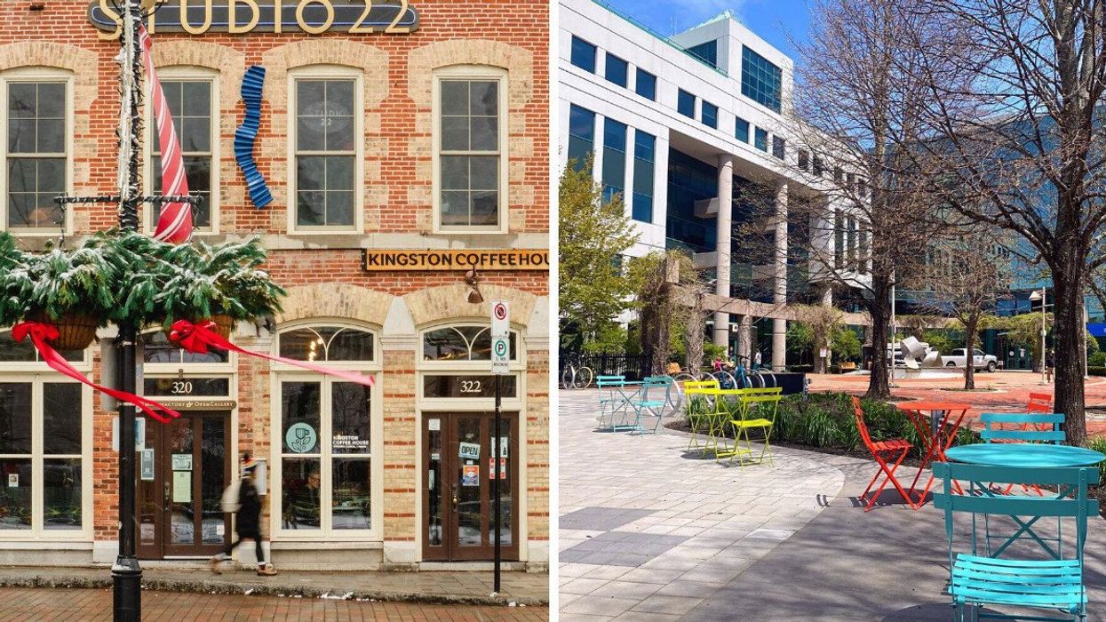 Shops in downtown Kingston during the winter. Right: Patio seating at a park in Moncton during the spring.