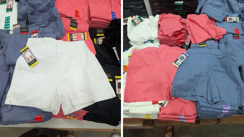 Short blanc en lin de marque Banana Republic vendues dans le rayon des v\u00eatements chez Costco. Droite : shorts corail et bleu en lin de marque Banana Republic vendues dans le rayon des v\u00eatements chez Costco
