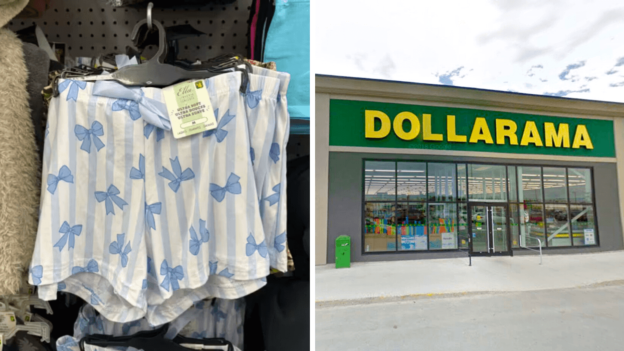 Short de pyjama à motif citrons sur les étagères du Dollarama. Droite : Devanture d'un Dollarama.