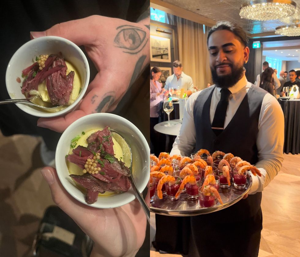 Short rib de boeuf fume. Droite : Cocktail de crevettes geantes.