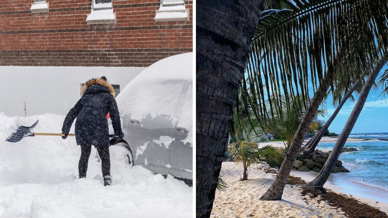 Shovelling snow in winter. Right: A beach in Barbados.