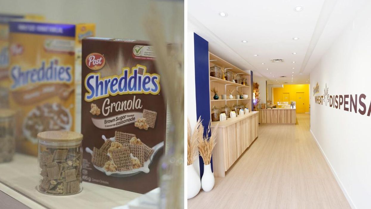 Shreddies cereal boxes. Right: The Shreddies Wheat Dispensary in Toronto, Ontario.