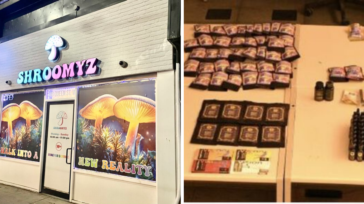 Shroomyz store front. Right: Two tables full of confiscated Psilocybin-related goods.