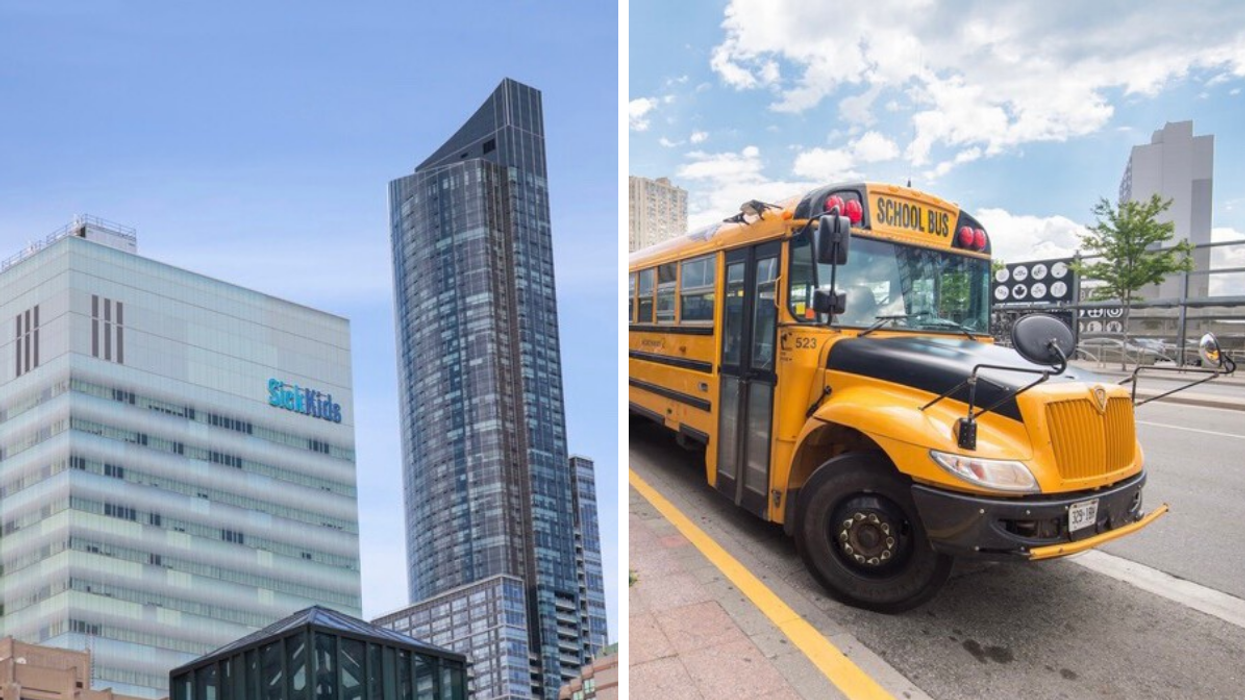 SickKids hospital in Toronto. Right: Toronto school bus.